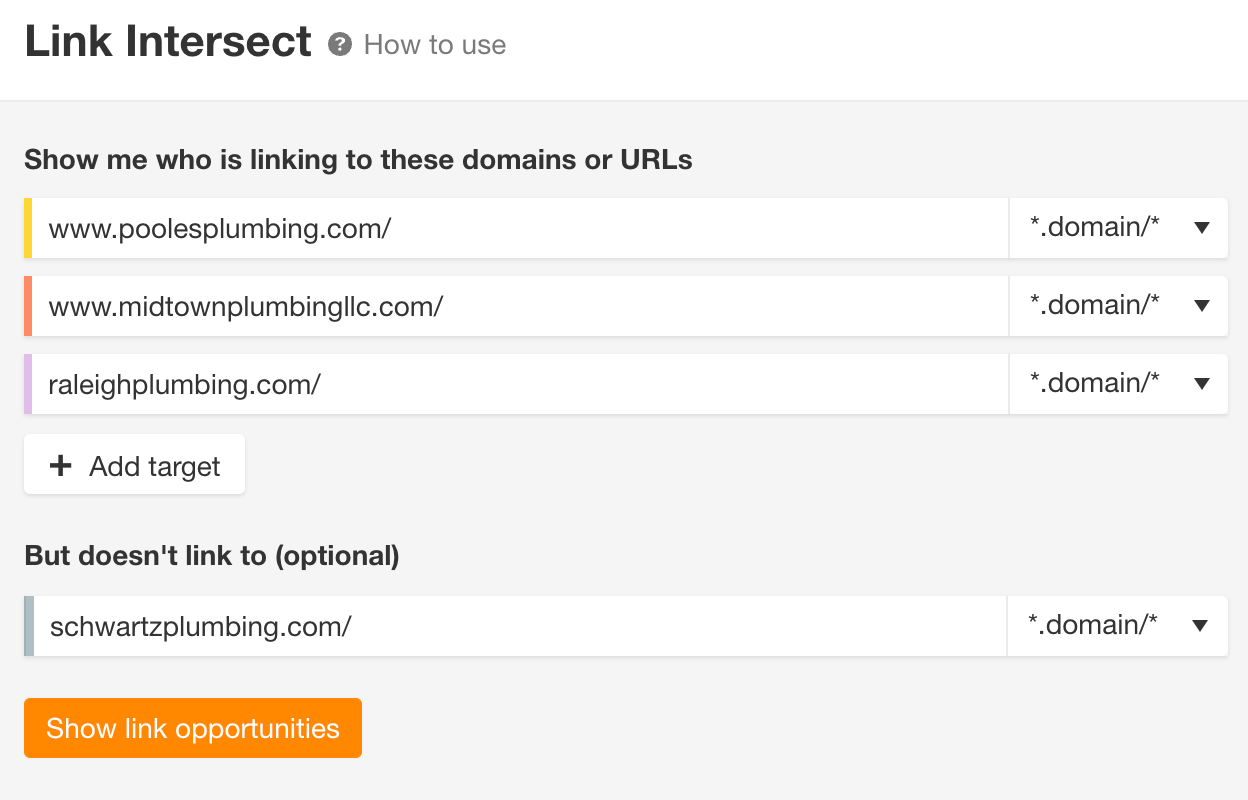 Link Intersect report, via Ahrefs' Site Explorer
