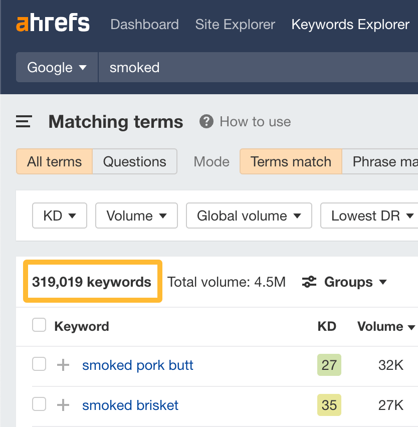 Finding keyword ideas related to "smoked" in Ahrefs' Keywords Explorer
