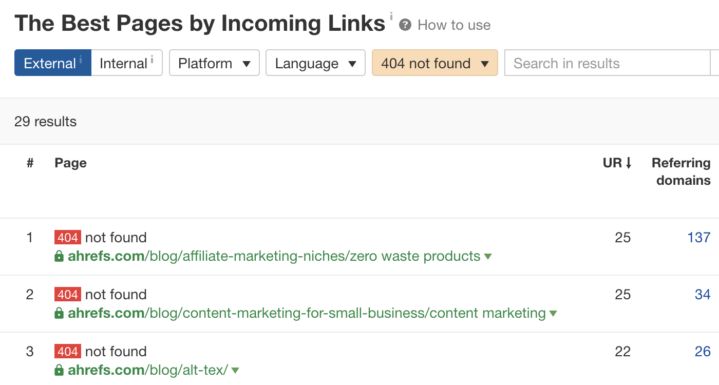 Broken internal pages in Ahrefs' Site Explorer sorted by referring domains
