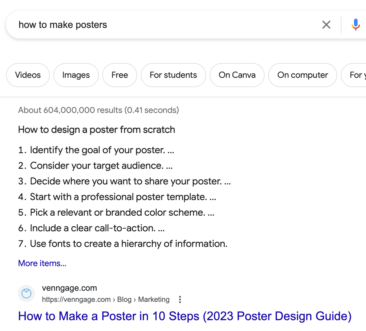 "how to make posters" 关键词的 Featured snippet（精选摘要）
