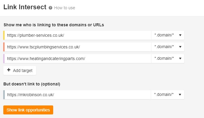 Ahrefs' Link Intersect tool