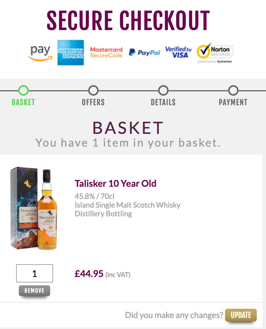 Talisker whiskey added to the shopping cart
