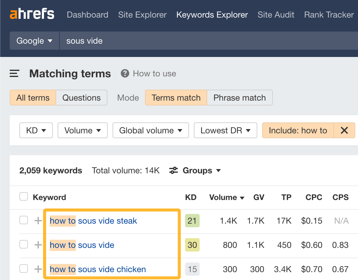 How to find keywords with common modifiers in Ahrefs' Keywords Explorer
