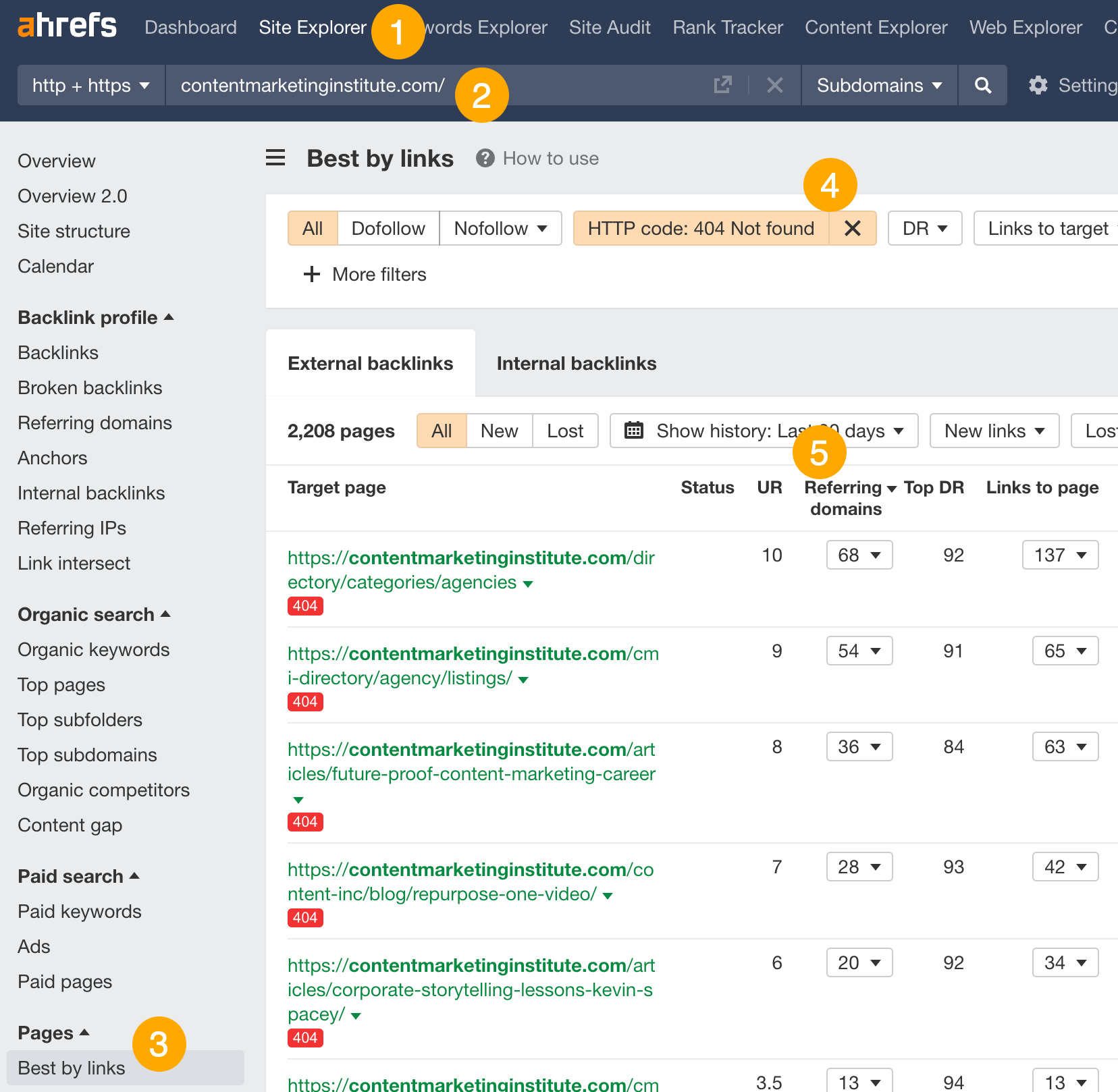 Finding broken pages to fix, via Ahrefs' Site Explorer
