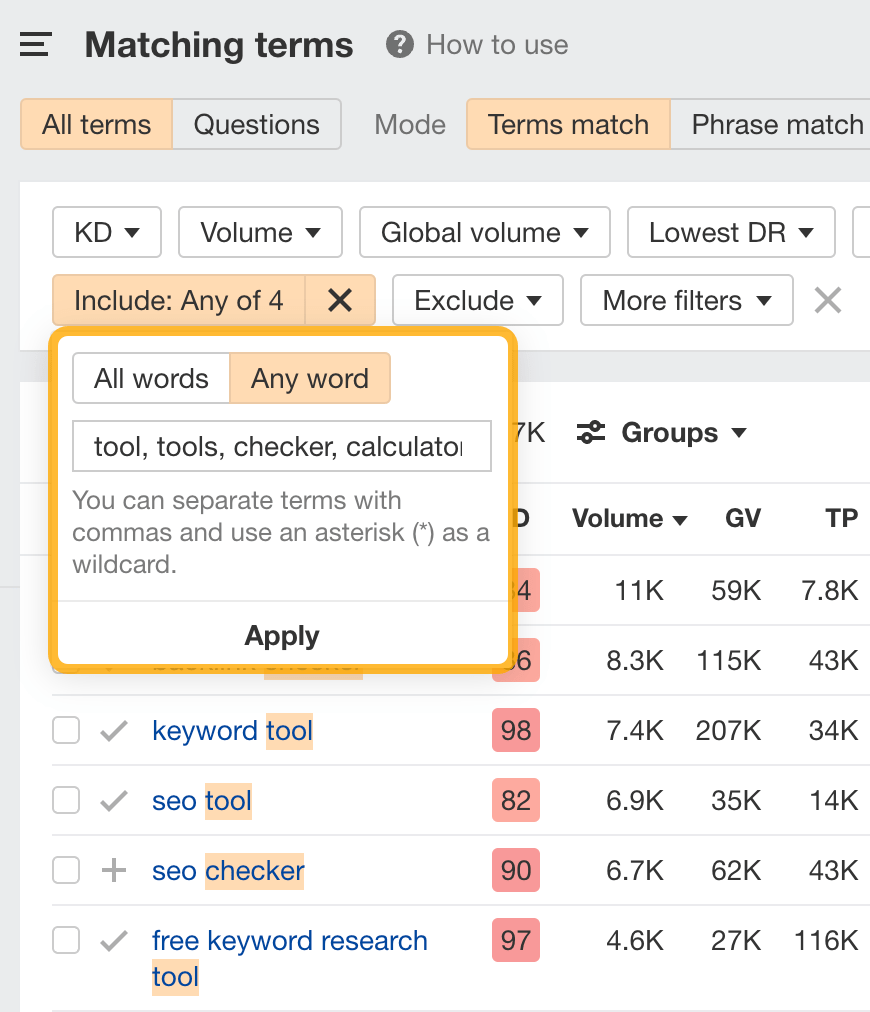 Finding MOFU keywords, via Ahrefs' Keywords Explorer
