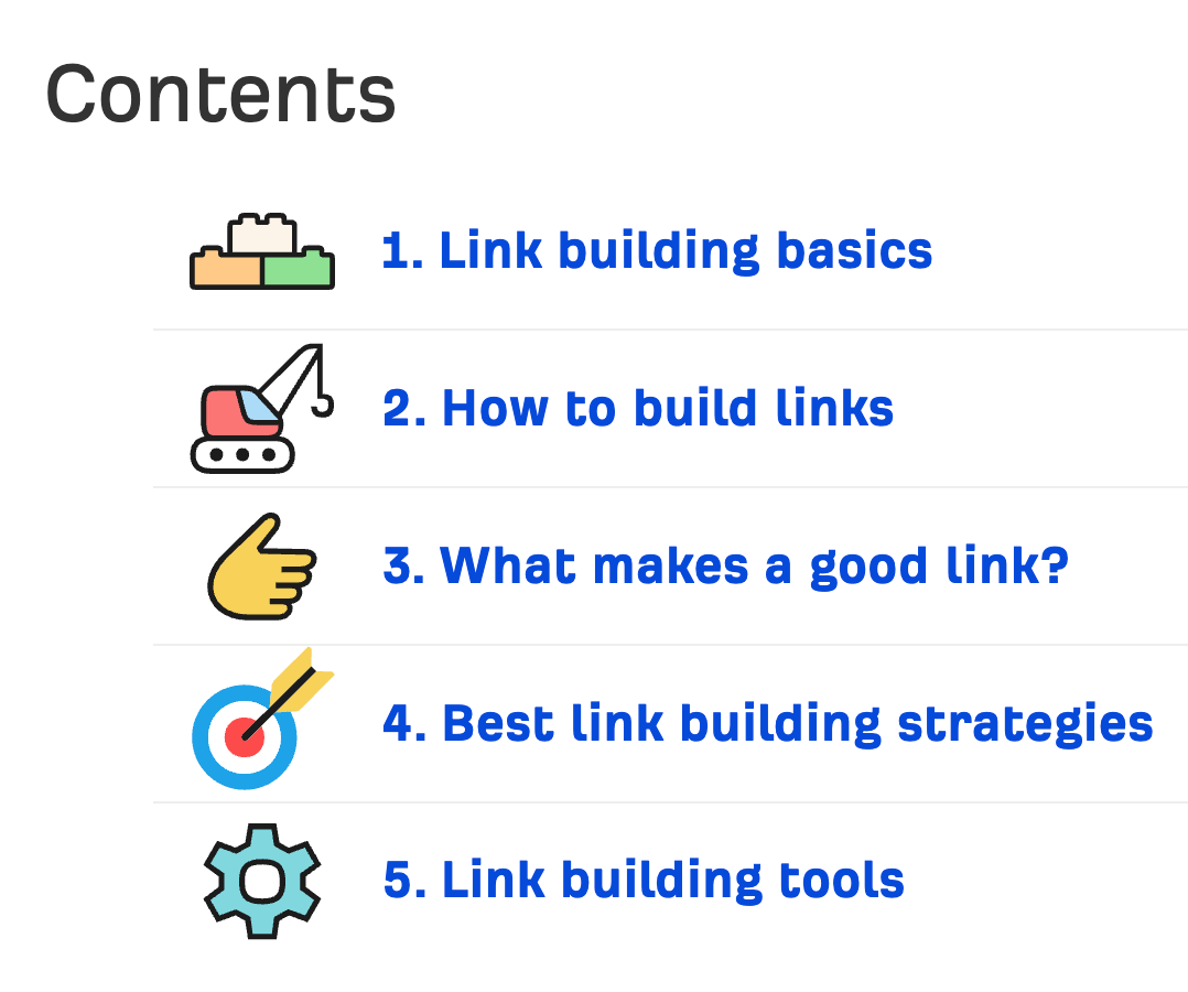 Table of contents for our link building guide
