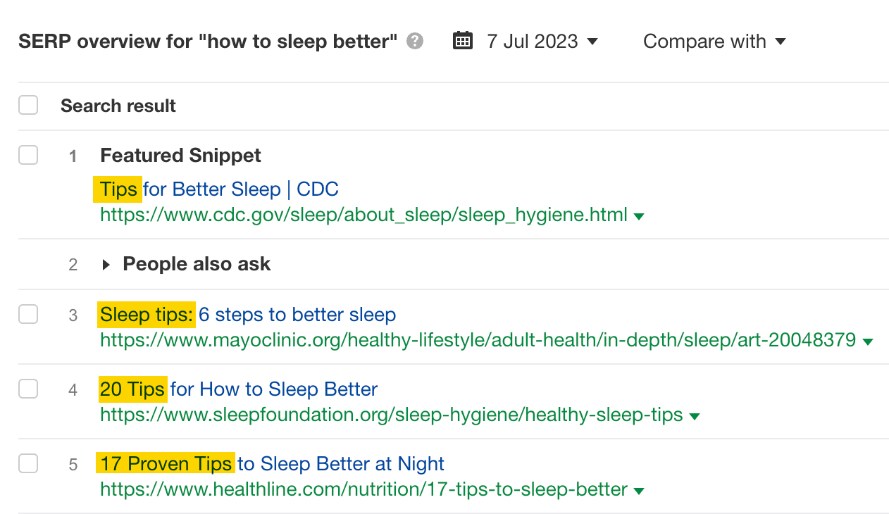 SERP overview for "how to sleep better," via Ahrefs' Keywords Explorer
