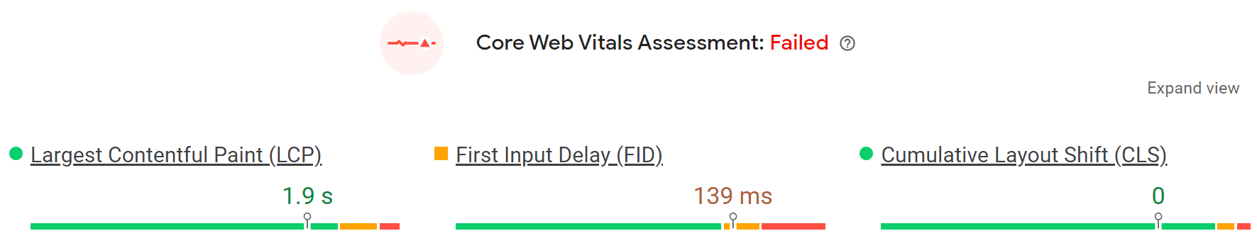 Core Web Vitals assessment in PageSpeed Insights
