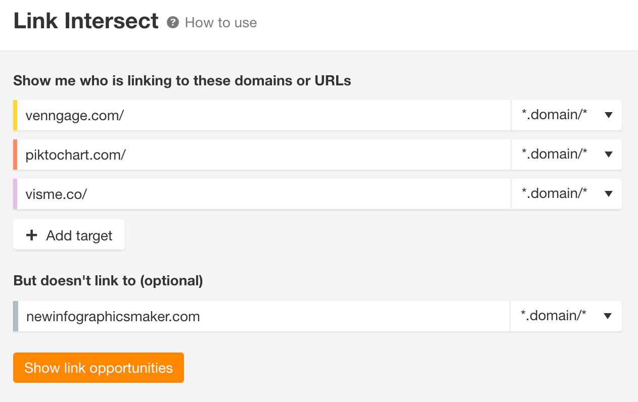 Link Intersect report, via Ahrefs' Site Explorer
