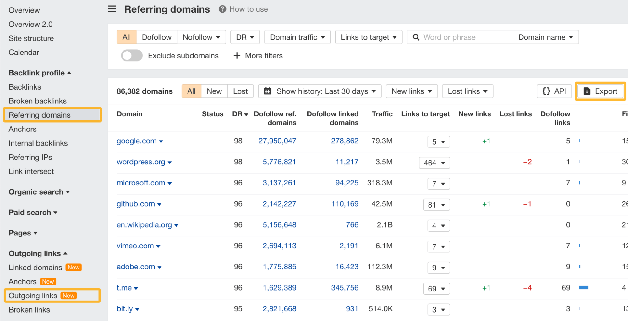 Ahrefs Site Explorer（网站分析）的 Referring domains（引用域）报告