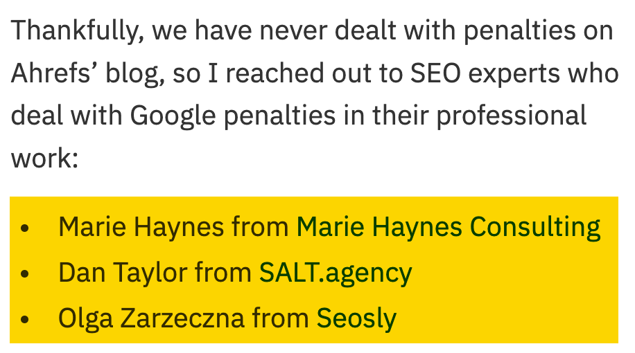 The three experts who were interviewed for an Ahrefs blog post on Google penalties
