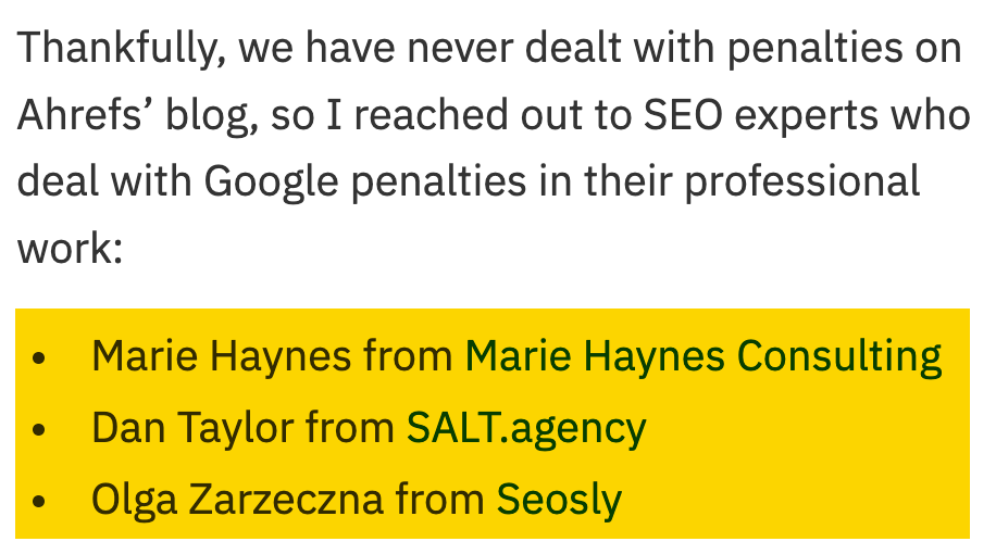Les trois experts interrogés dans le cadre d'un article de blog Ahrefs sur les pénalités Google
