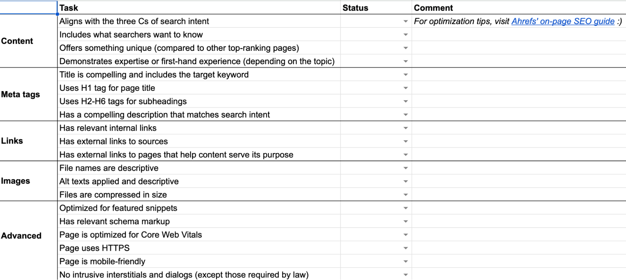 Preview of on-page checklist