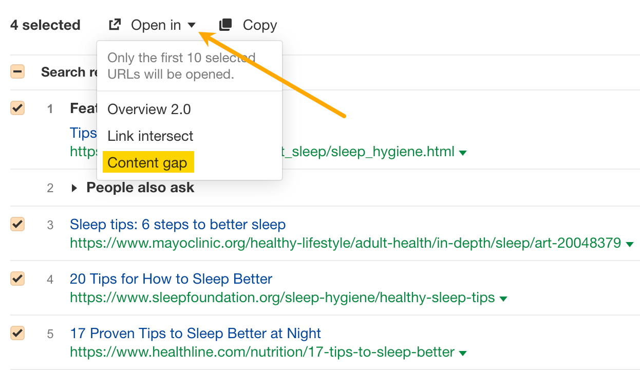 "Open in content gap" feature, via Ahrefs' Keywords Explorer
