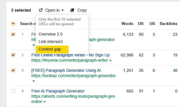 "Open in content gap" feature, via Ahrefs' Keywords Explorer