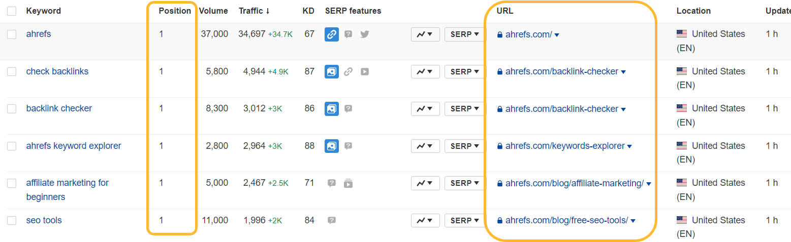 Ahrefs' Rank Tracker displaying ranking data, such as position and URL, for tracked keywords
