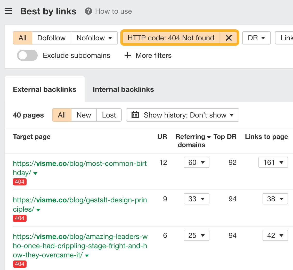 利用  Ahrefs Site Explorer（网站分析）的 Best by links（按反链数量排序）报告，查找失效页面