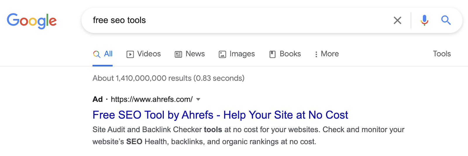 Example of us using Google Ads to promote our list of free SEO tools using the "pull" strategy
