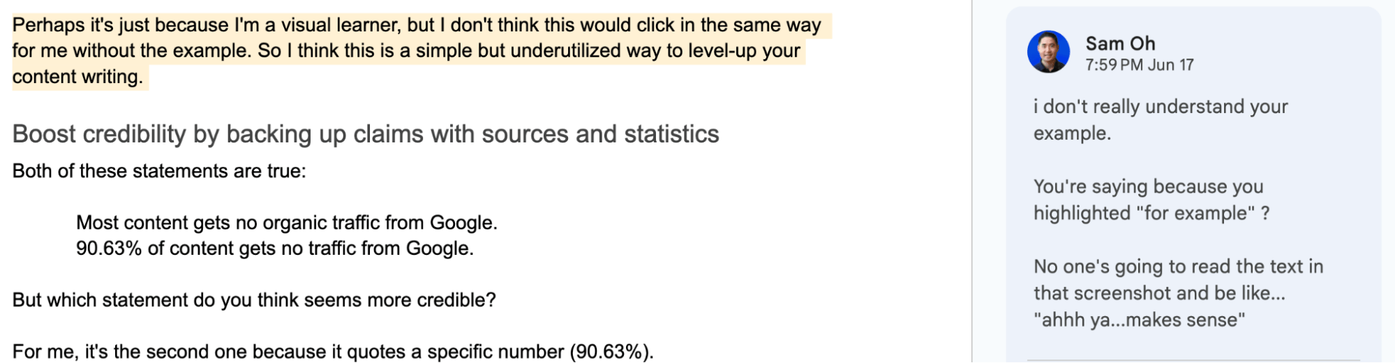 Example feedback on our content writing process
