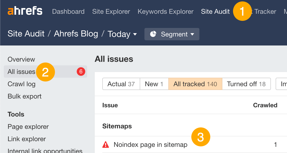 Finding noindex pages in sitemap using Ahrefs' Site Audit