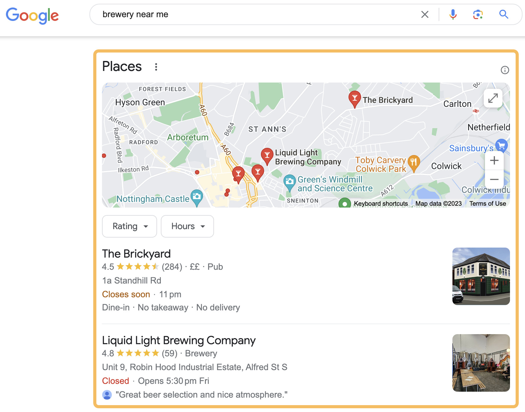 Example of Google Business Profiles in the local pack