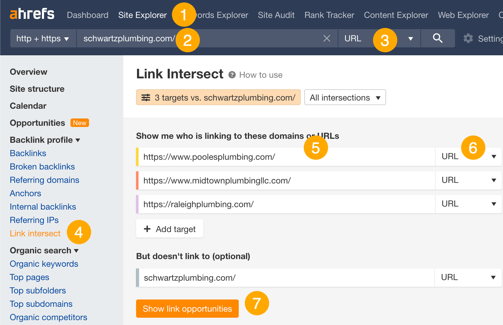 使用 Ahrefs Site Explorer（网站分析）中的的 Link Intersect（交集外链分析）报告查找多个竞争对手的链接