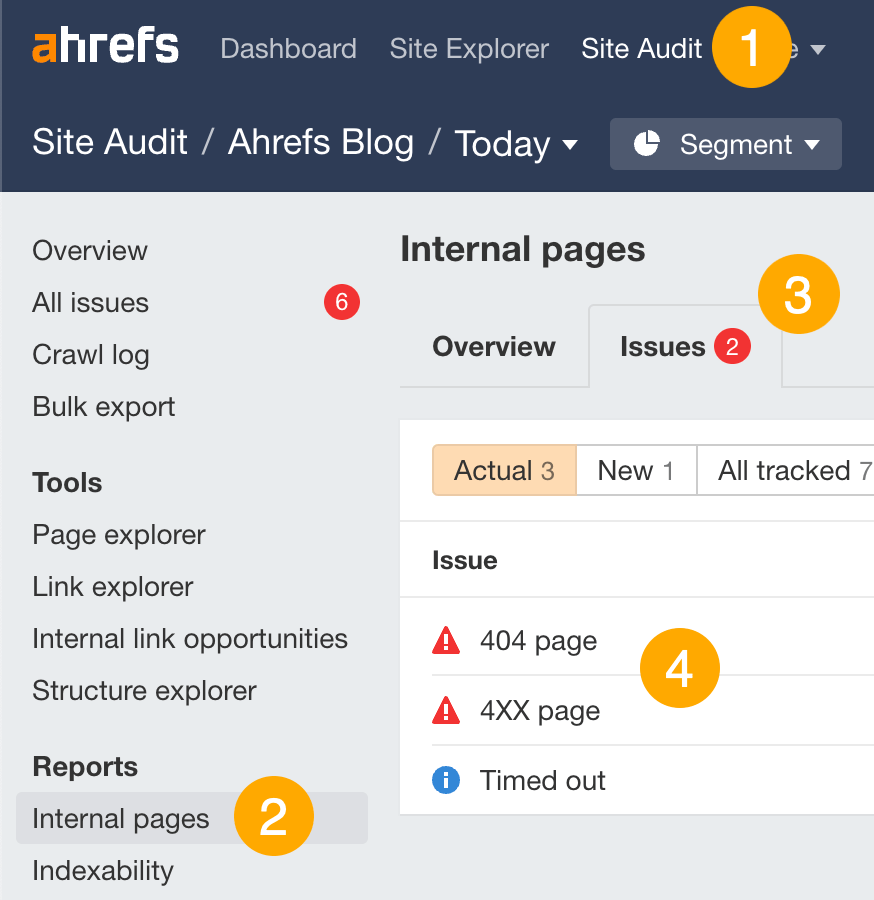 在 Ahrefs' Site Audit（网站诊断）中查找失效的链接