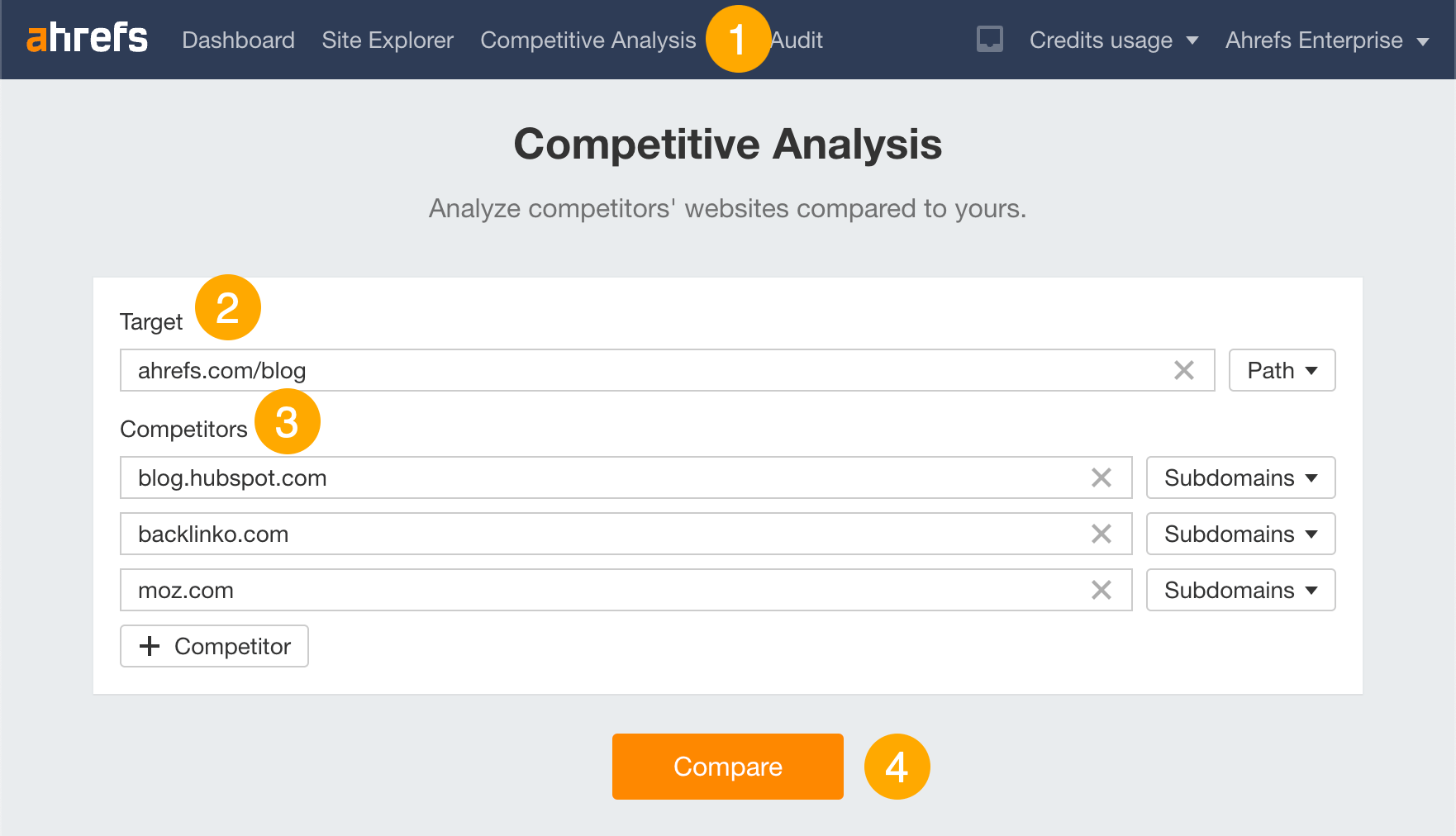 使用 Ahrefs 的 Competitive Analysis tool（竞争对手分析）工具进行竞争对手分析