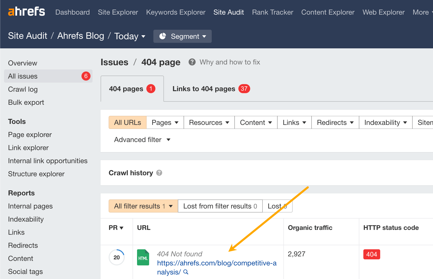 Showing 404 pages in Ahrefs' Site Audit