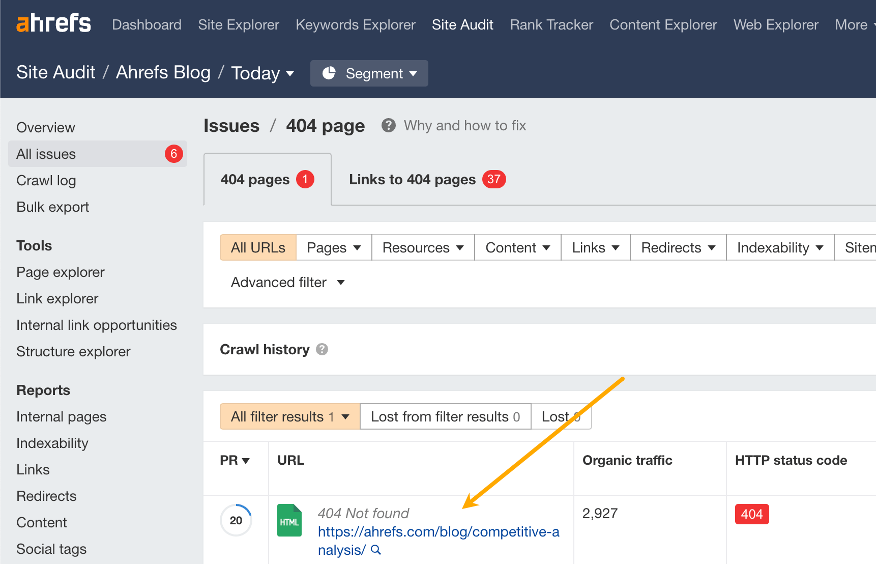 在 Ahrefs Site Audit（网站诊断）中显示 的 404 页面