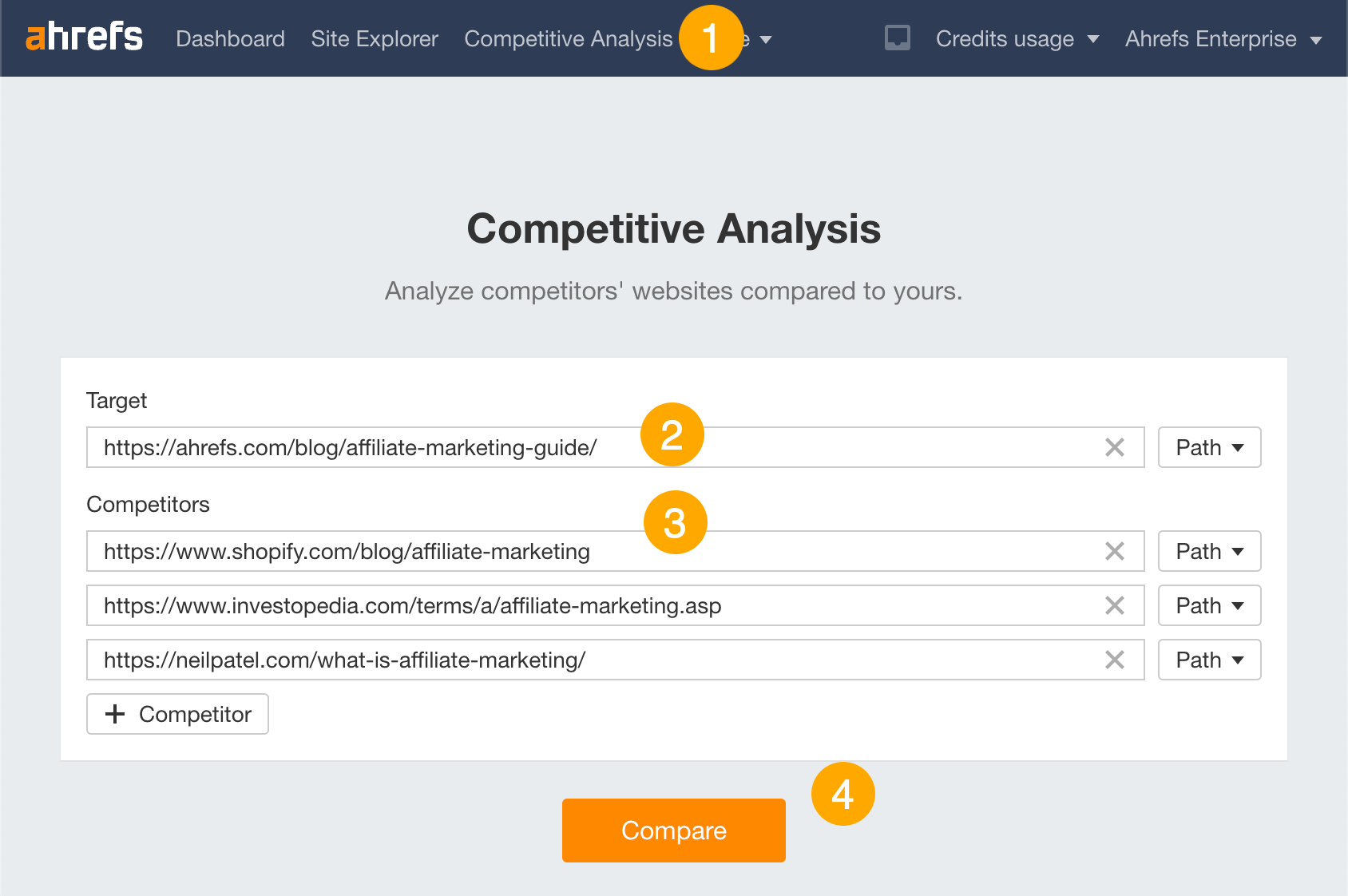 Running a competitive analysis at the page level to find important subtopics