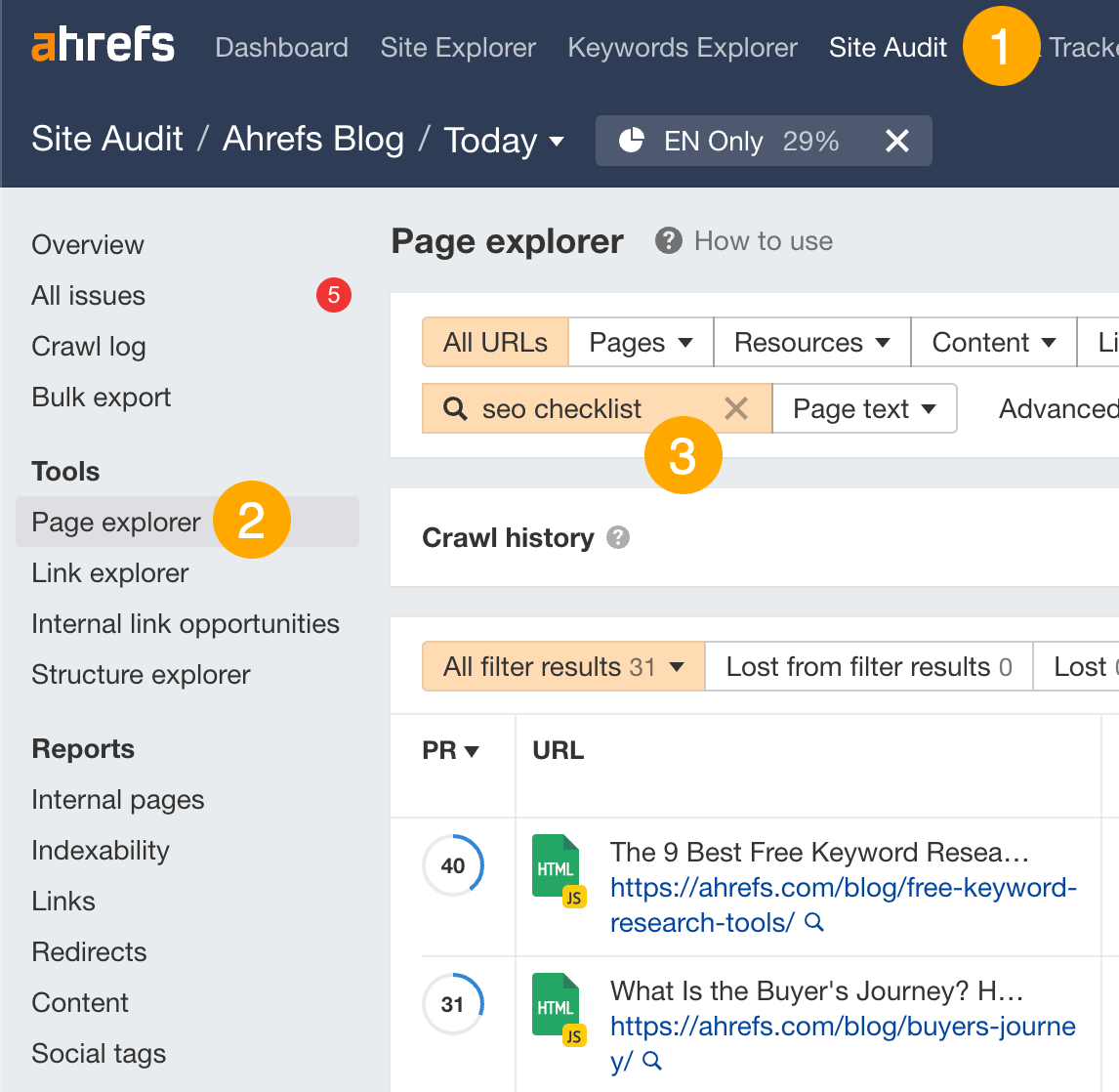 Ahrefs' Site Audit（网站诊断）中寻找内部链接机会