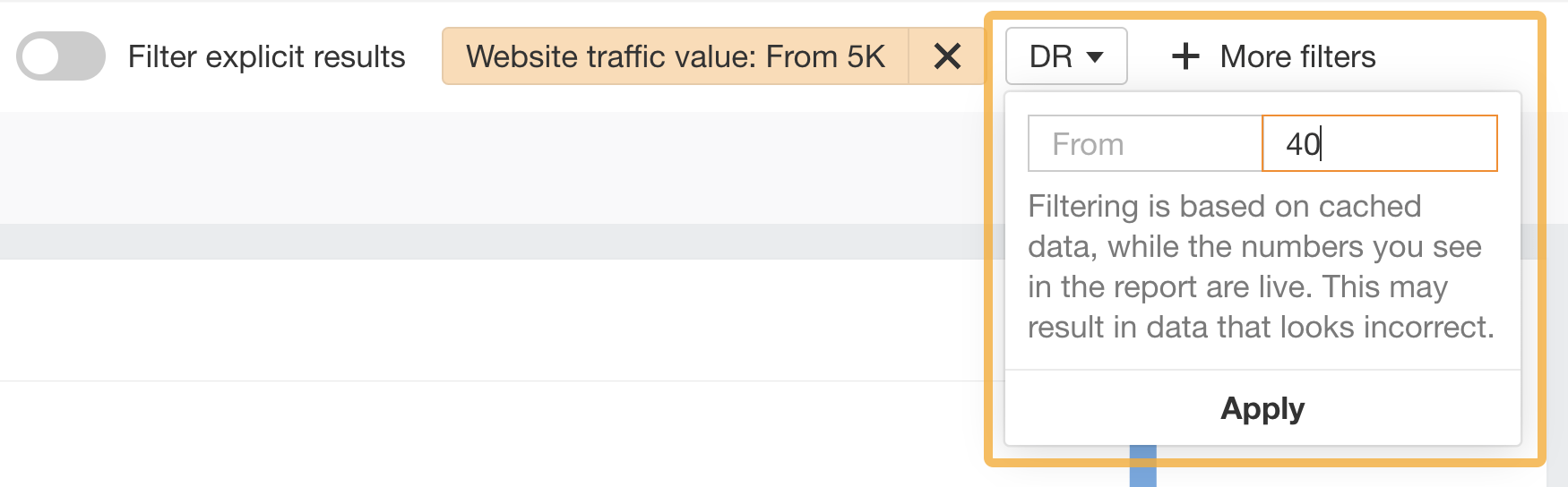 Ahrefs' "Domain Rating" filter