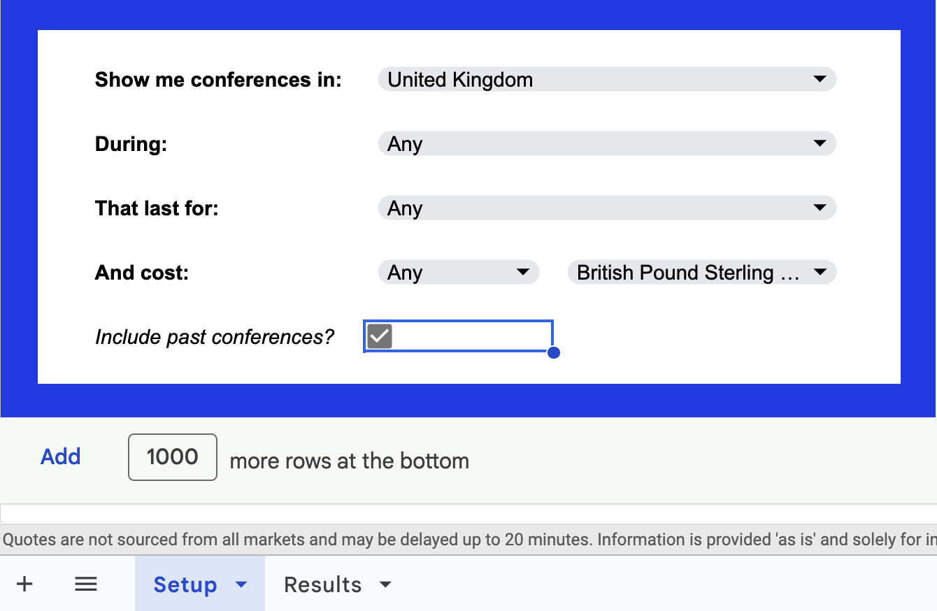 Filtering options in Ahrefs' spreadsheet to find suitable conferences