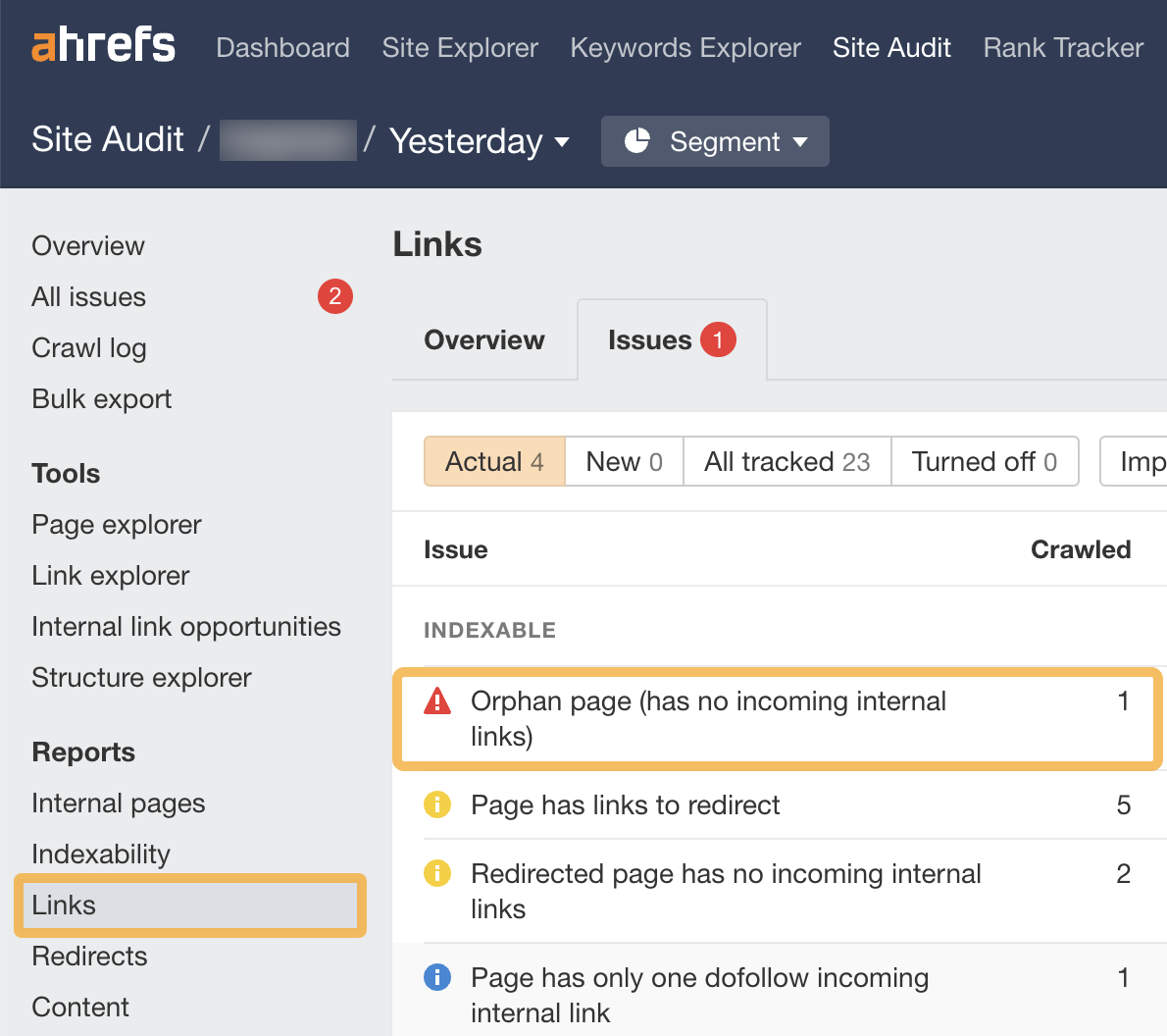Locating orphan pages that have no incoming internal links, via Ahrefs' Site Audit
