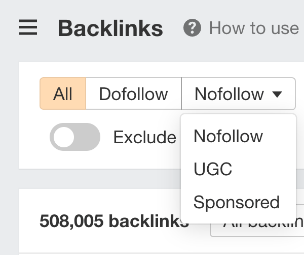 Filtering backlinks by rel attributes in Ahrefs