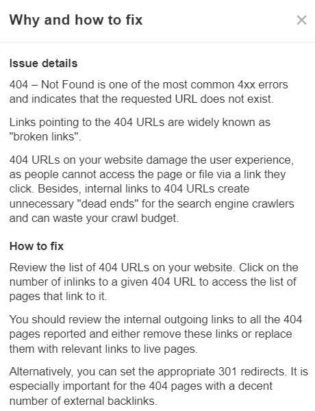 "Why and how to fix” option for 404 pages, via Ahrefs' Site Audit