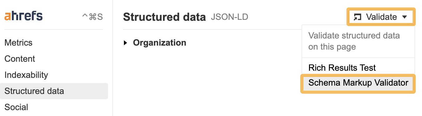 Ahrefs' SEO Toolbar validation showing Schema Markup Validator
