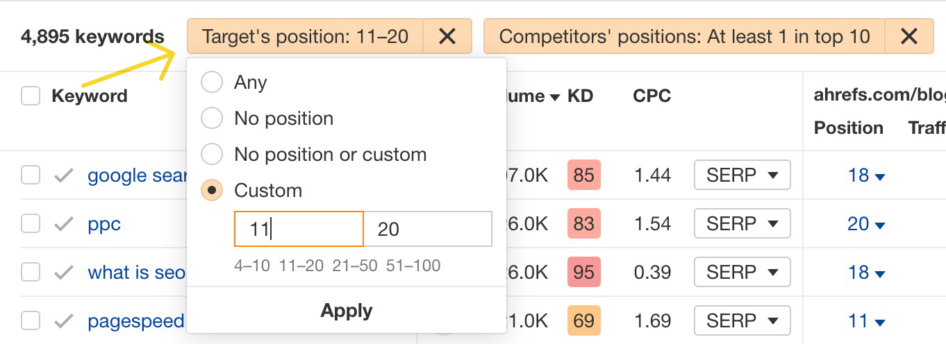 Position filters in Content Gap 2.0