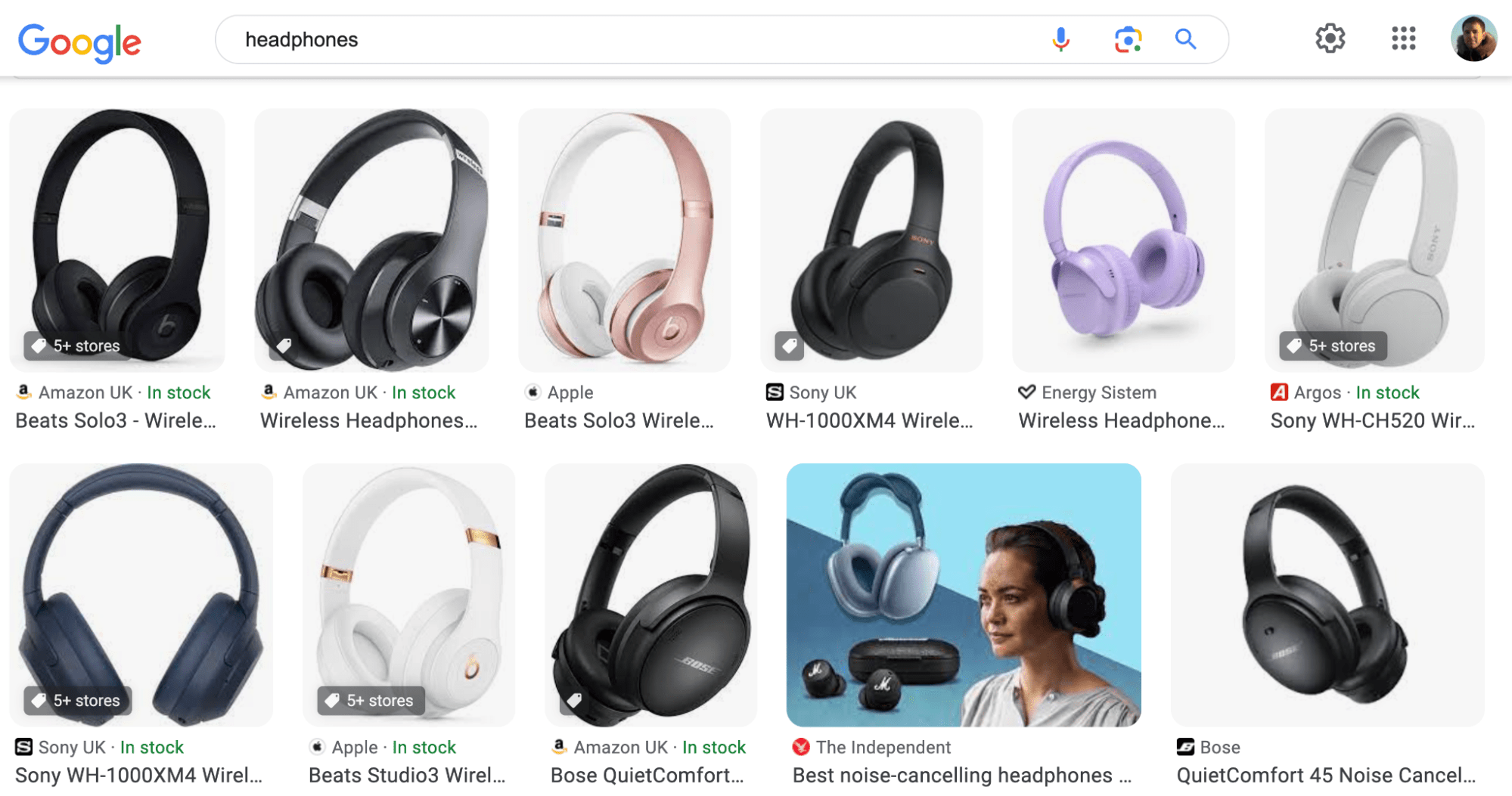 耳机搜索的 SERP，通过 Google 图片
