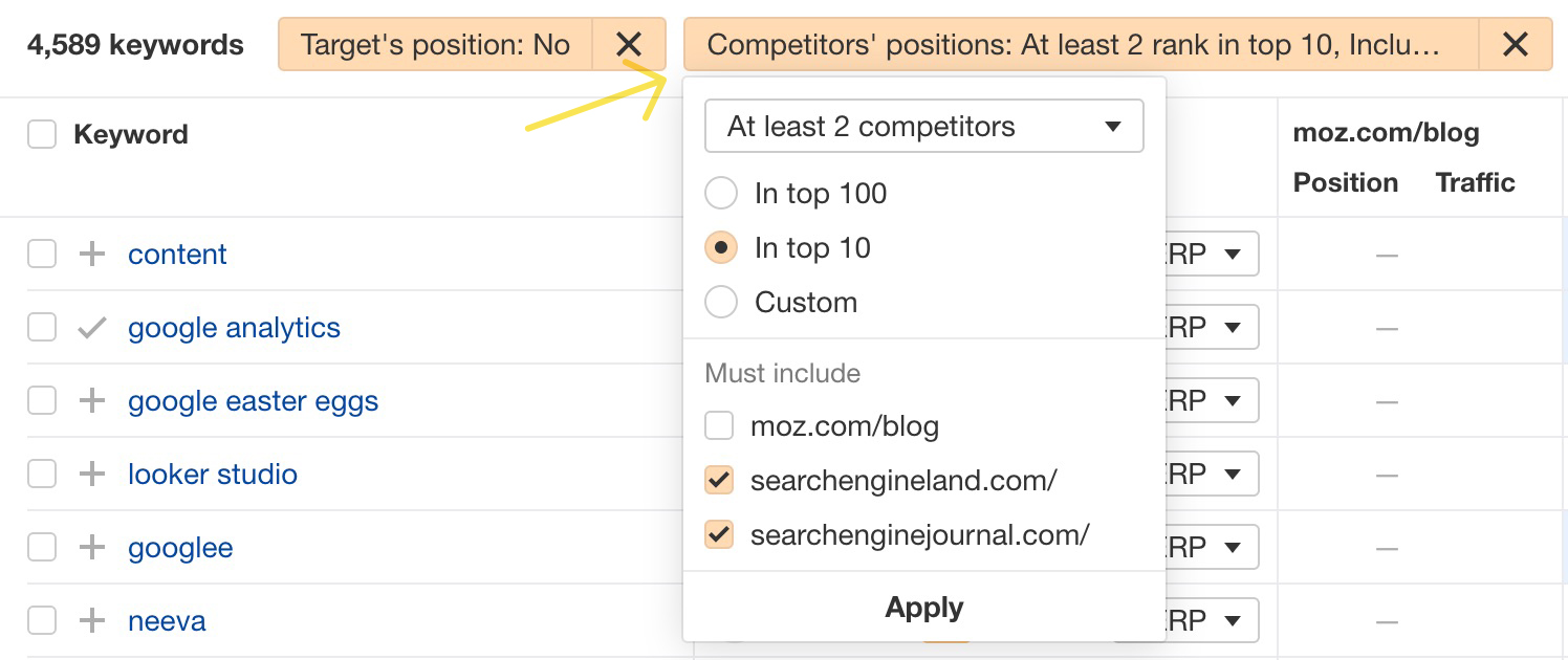 Position filters in Content Gap 2.0