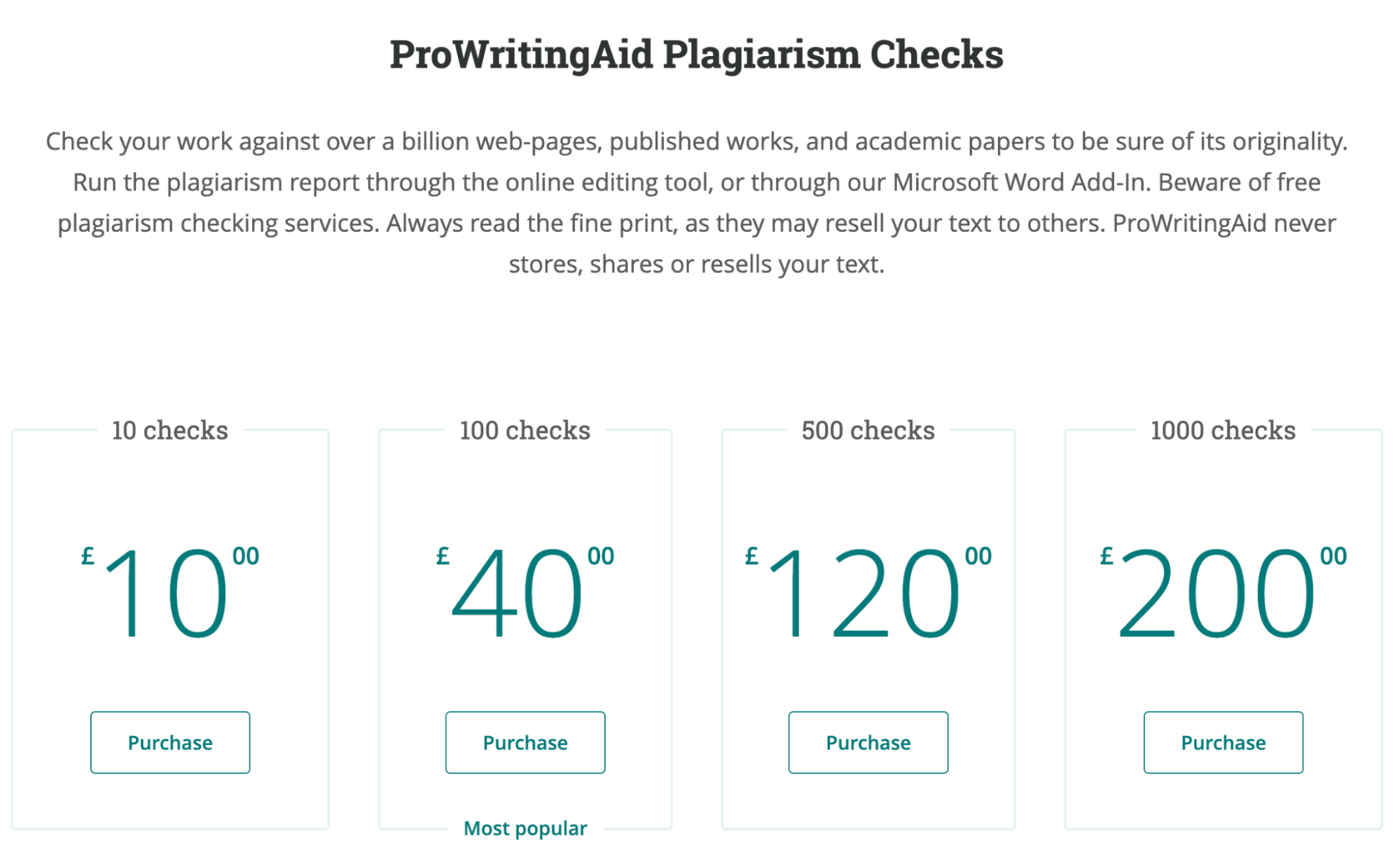 ProWritingAid's plagiarism checker pricing
