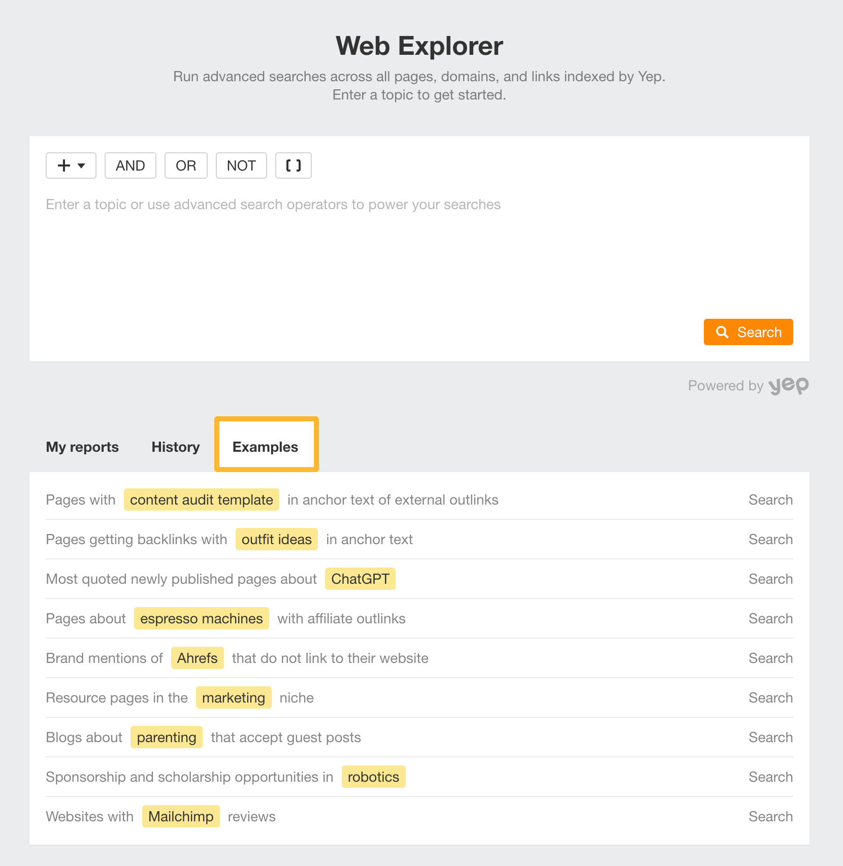 "Examples" tab in Ahrefs' Web Explorer
