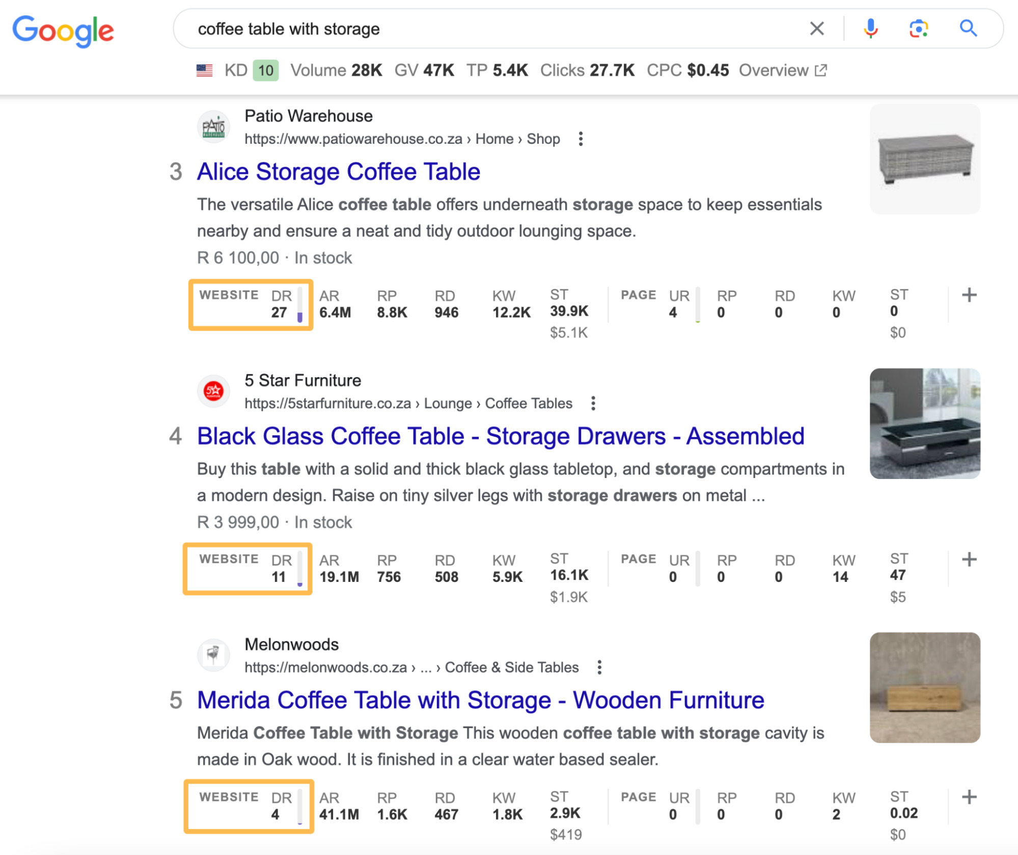Google SERP for "coffee table with storage" showing DR data from Ahrefs' SEO Toolbar