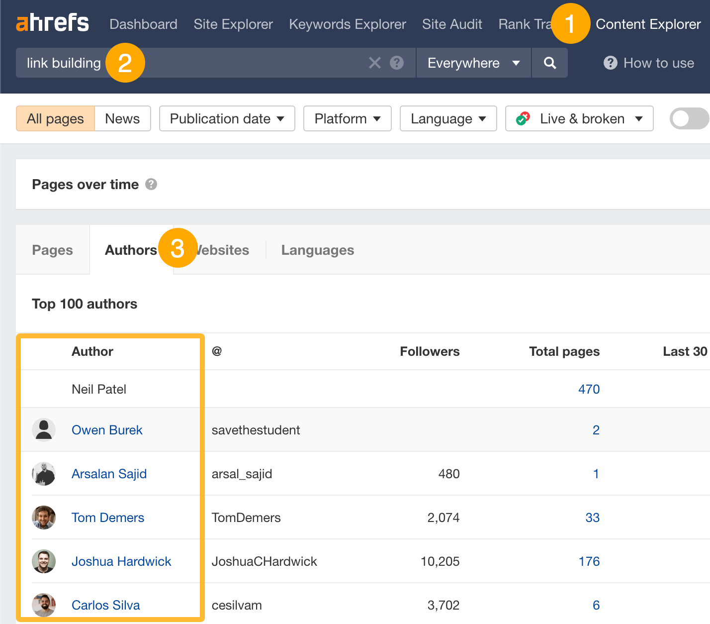 Finding people to reach out to, via Ahrefs' Content Explorer

