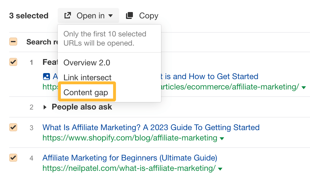 "Open in Content gap" feature, via Ahrefs' Keywords Explorer
