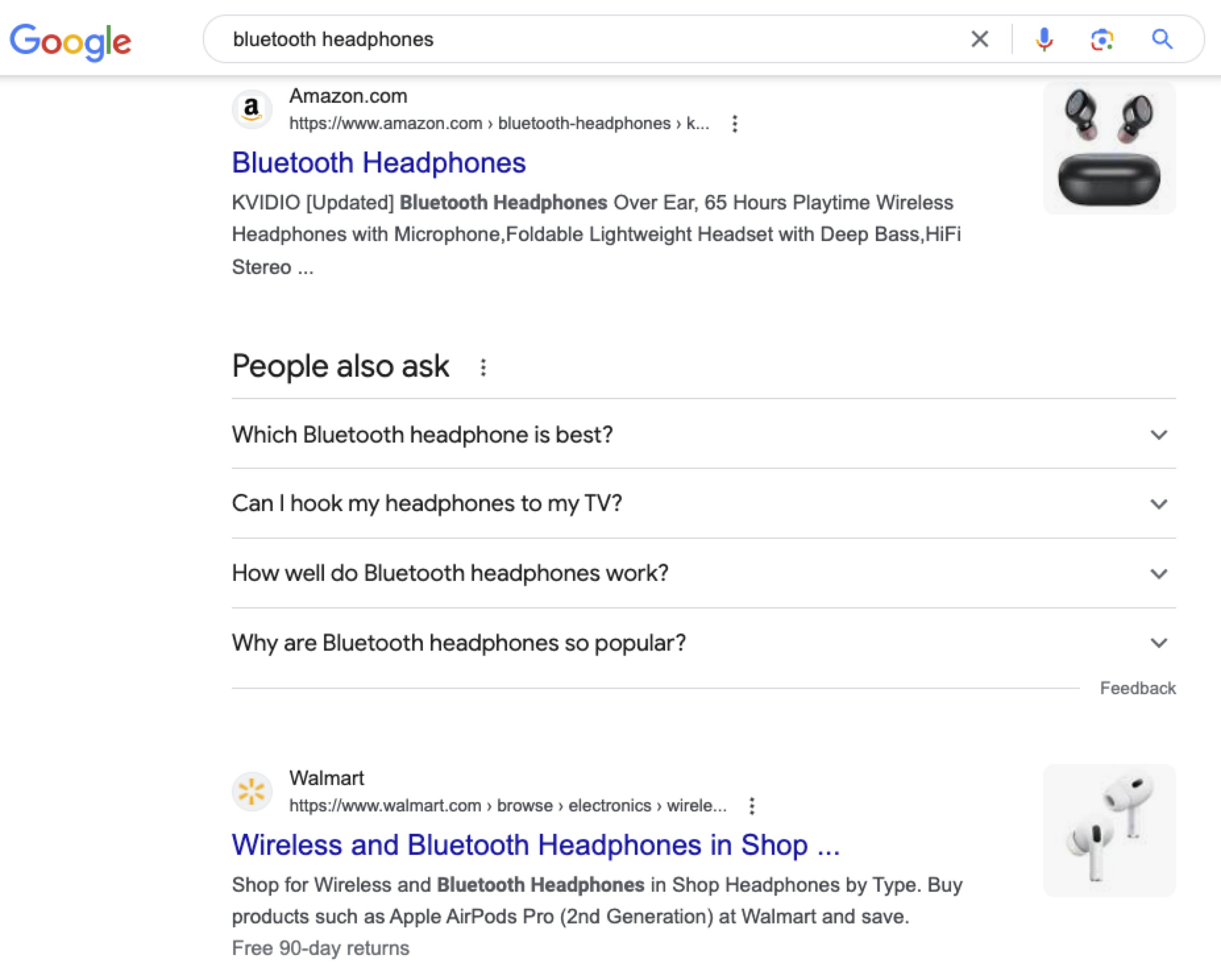 Поисковая выдача Google по запросу «наушники Bluetooth» через google.com.