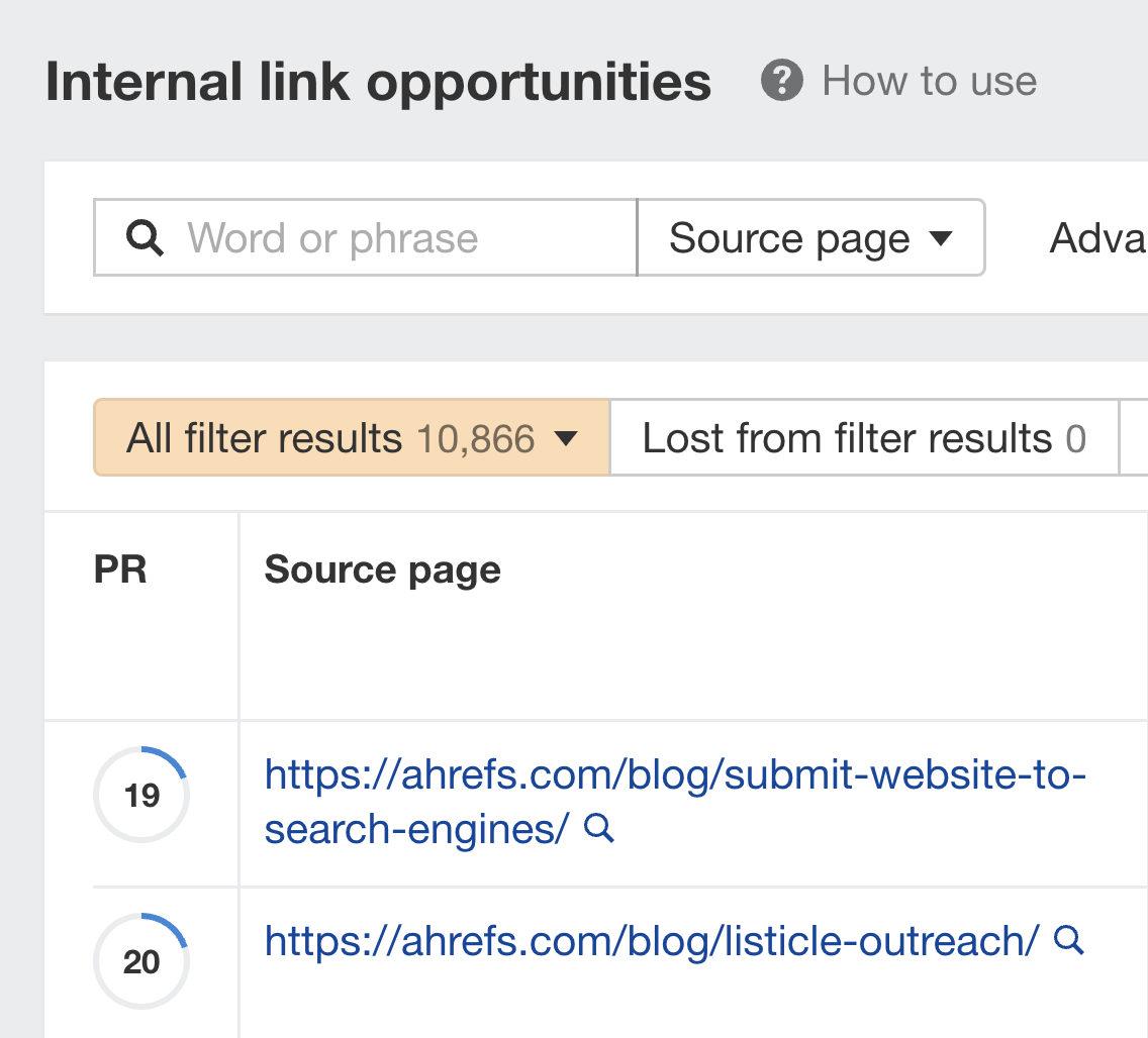 Site Audit（网站诊断）中的 Internal link opportunities（内部链接机会）报告