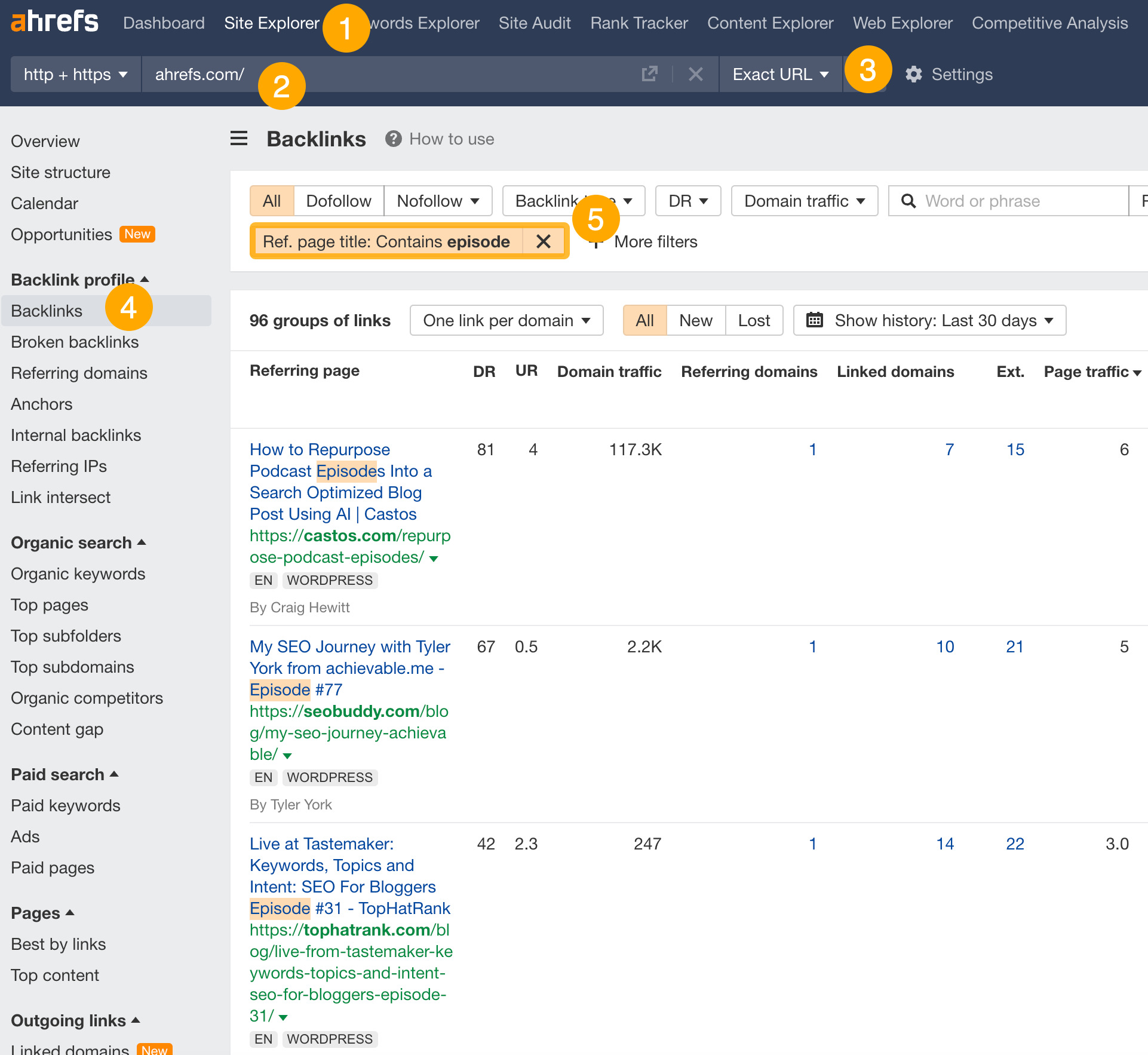 Encontrando oportunidades de podcast usando o Site Explorer do Ahrefs