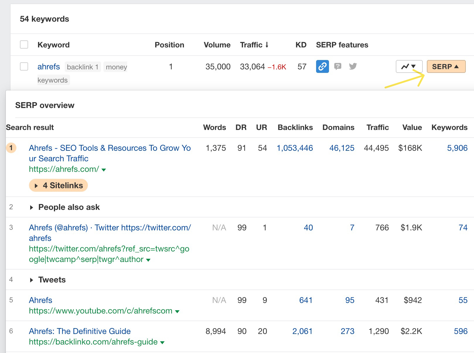 SERP overview table in Rank Tracker
